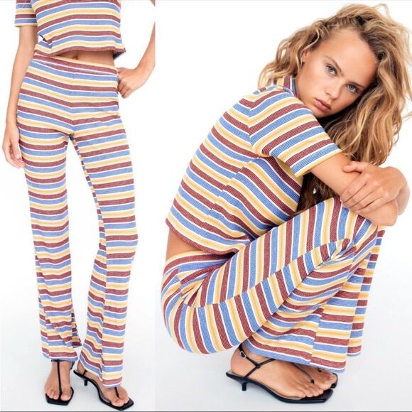 ZARA | Striped Pull On Flare Pants Red Yellow Blue High Waist Women’s Size Small - Picture 1 of 10